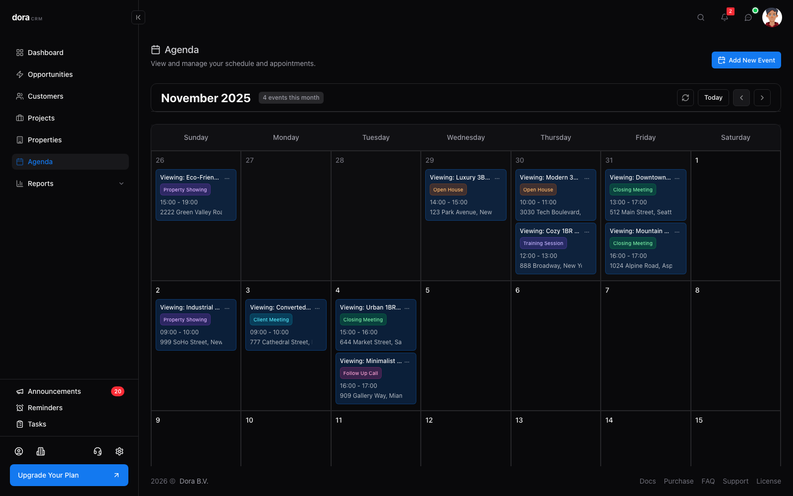 Agenda calendar in Dora CRM