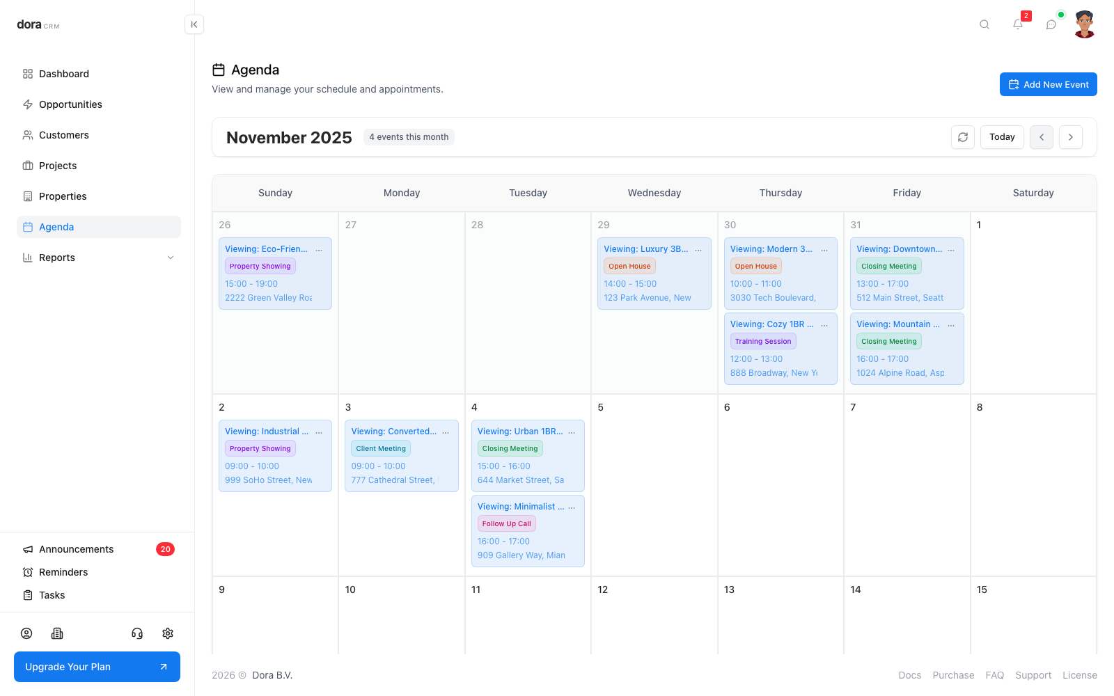 Agenda calendar in Dora CRM