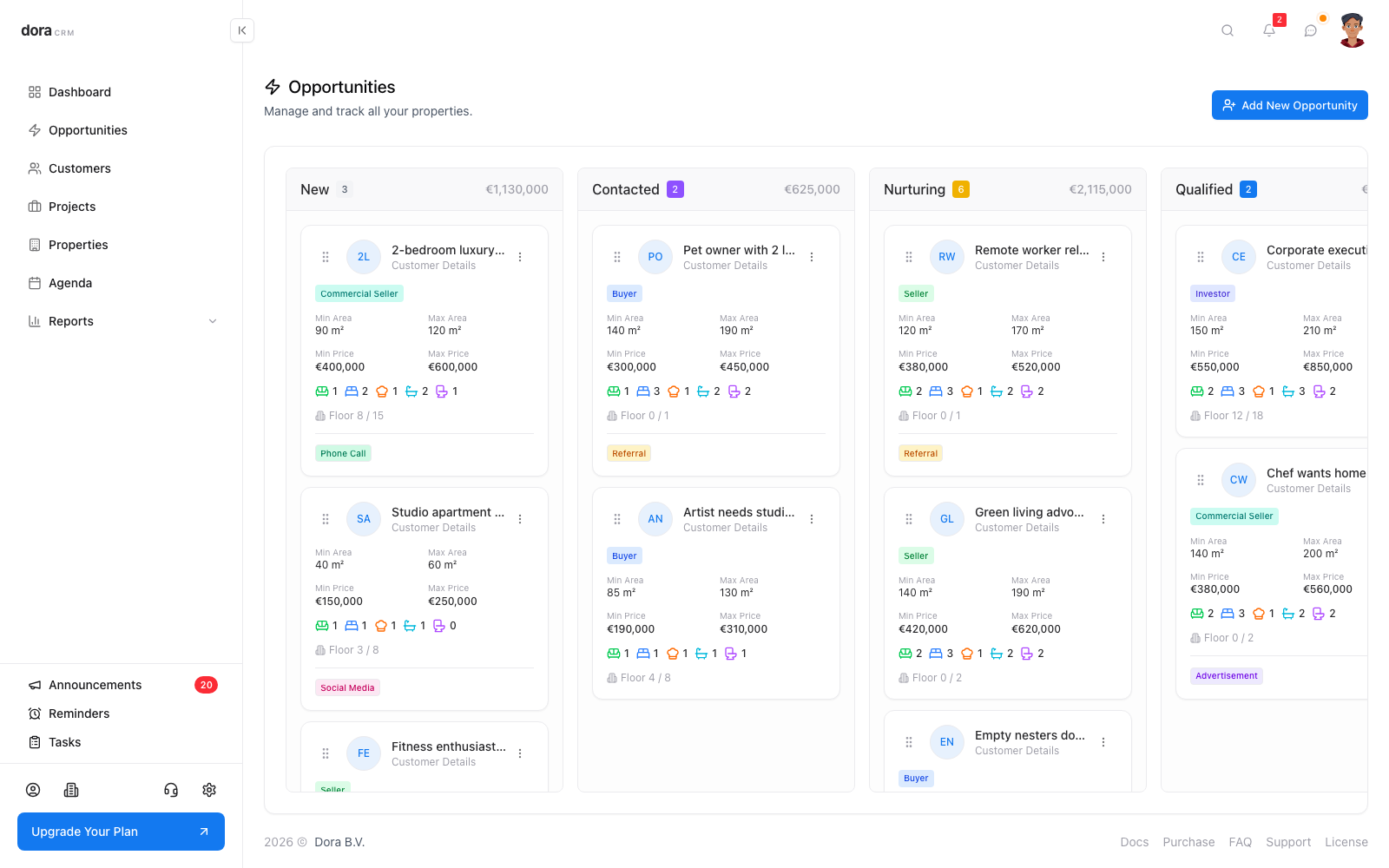 Opportunities Kanban board in Dora CRM