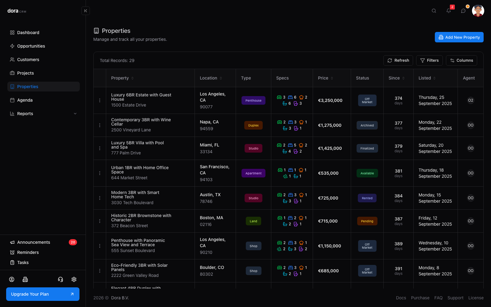 Properties list in Dora CRM