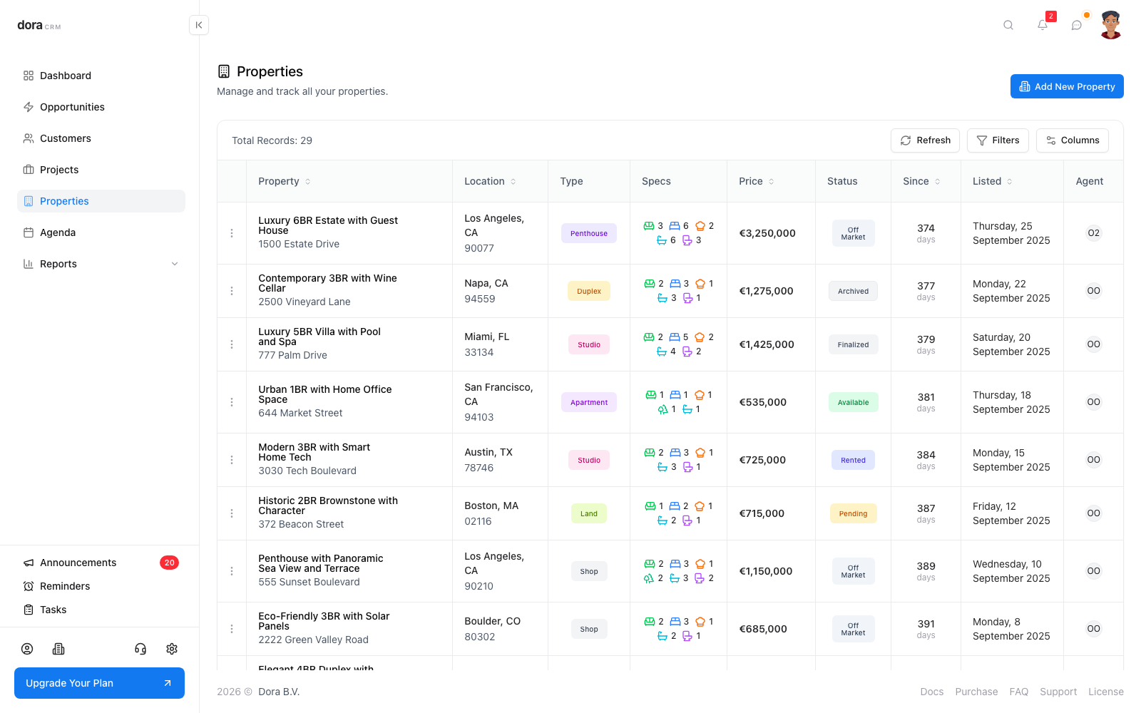 Properties list in Dora CRM