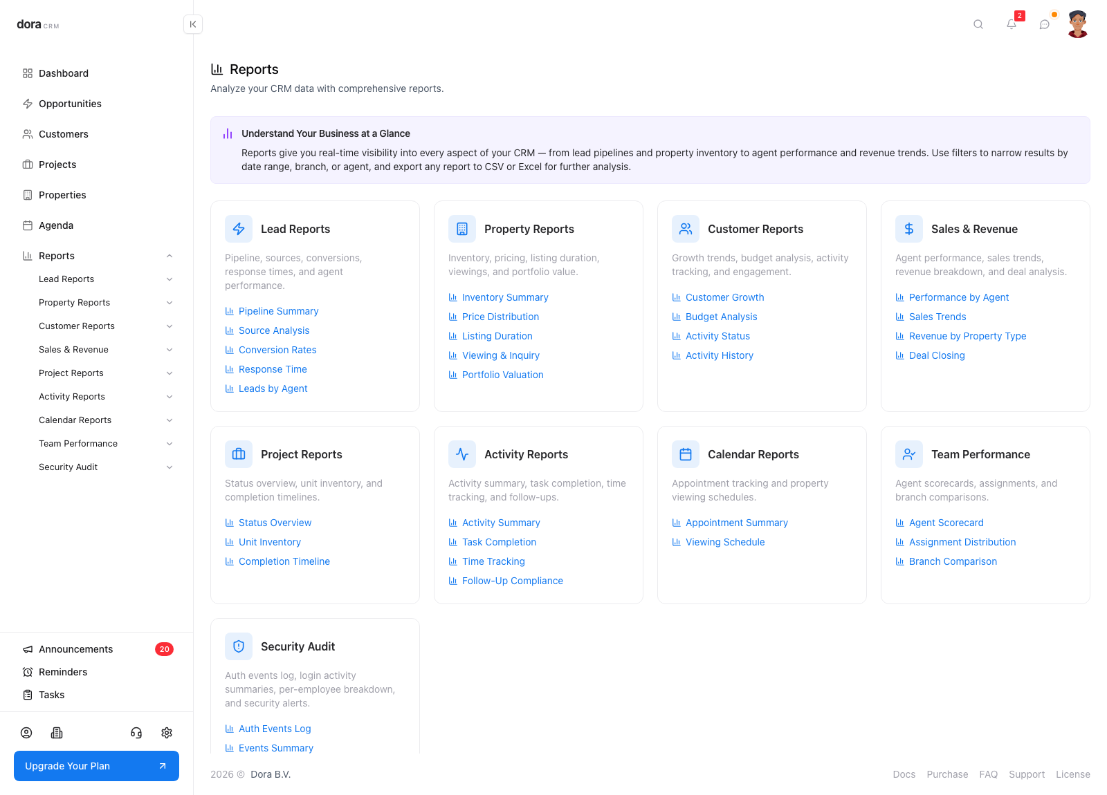 Reports overview in Dora CRM